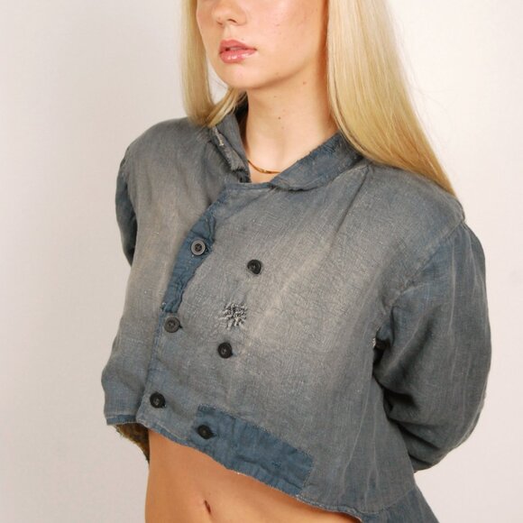 Magnolia Pearl High Low Blouse (M) medium blue chambray distressed bohemian chic - Picture 4 of 11